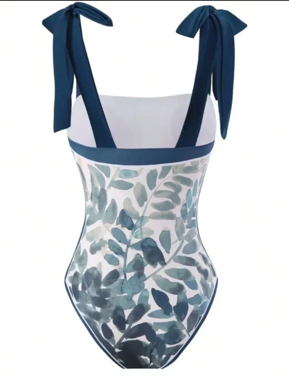 Blue Leaf Print Tie-Shoulder One-Piece Swimsuit with Matching Sarong - Picture 3 of 3